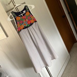 Bright floral emroidered sundress with seersucker stripes